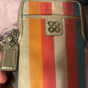Coach Striped Rainbow Leather Wristlet in Orange, Red, Cream & Teal